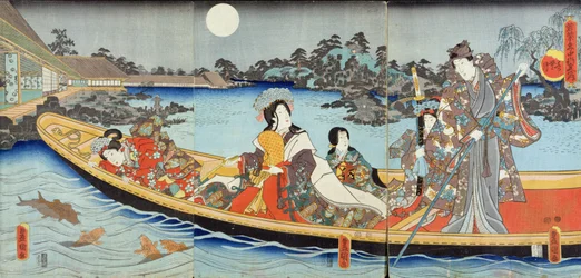 Triptychon, das einen Prinzen, eine Prinzessin und Hofdamen zeigt, die unter einem Vollmond im Juni auf einem Gartenteich Boot fahren, wahrscheinlich aus der 